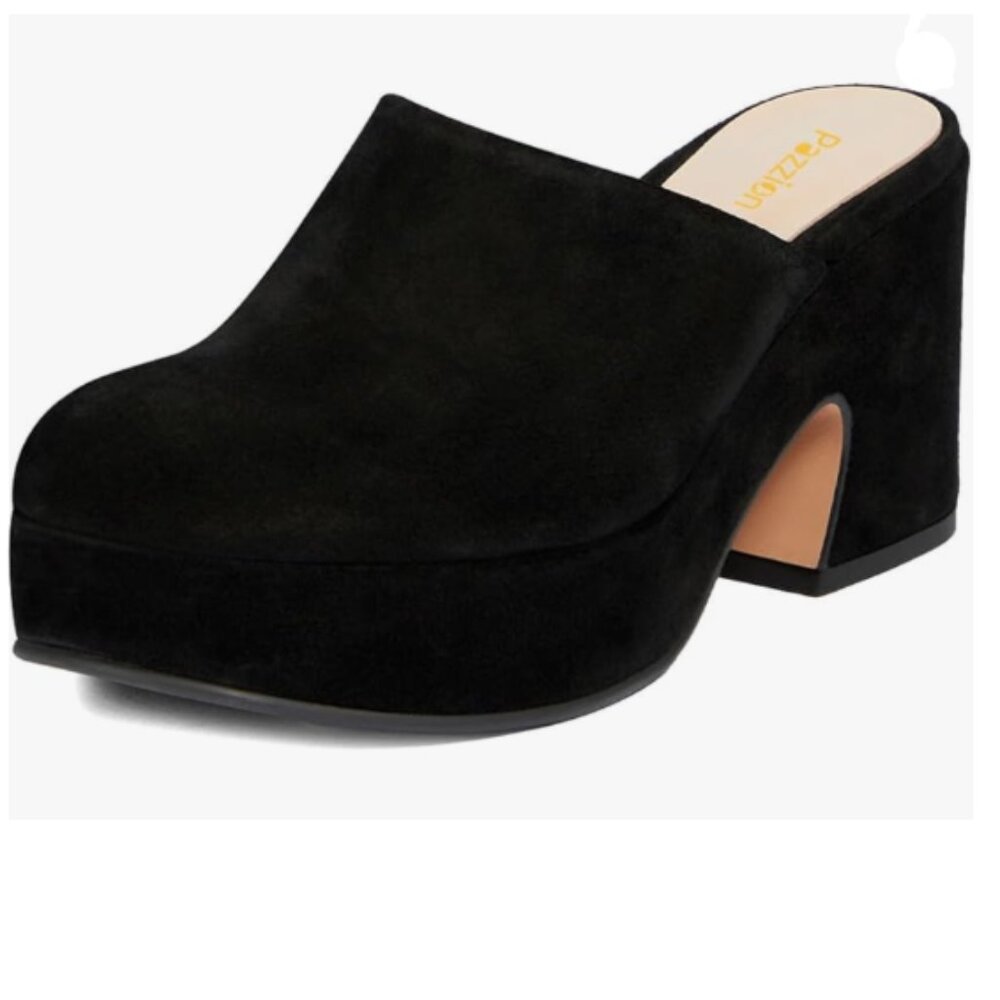 Pazzion Black Platform Round Toe Mules Clogs Slip On Chunky High Heel Slipper